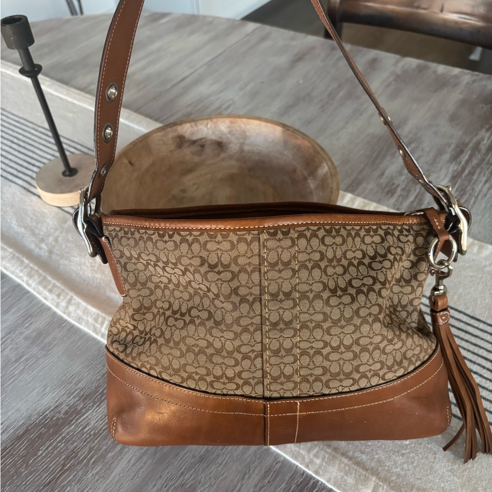 🍃🦋 Vintage Coach Signature Canvas Leather Shoulder Hobo Mini Duffle Bag